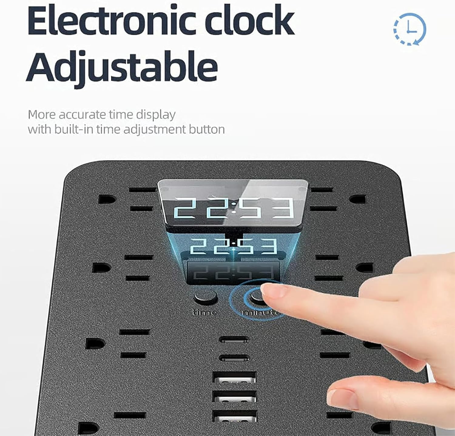 JOUALY 21-in-1 Power Strip with Digital Clock, Surge Protector with 16 Wide Spaced AC Outlets & 5 USB Ports(3A2C), Flat Plug 5FT Cord, FCC Certified USB Charging Station for Home Office Dorm, black