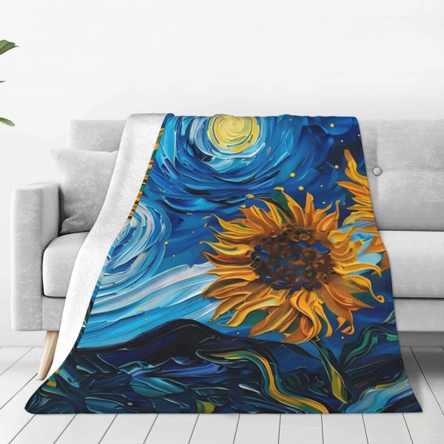 Balery Starry Night Sunflower Field Manta de Felpa Suave y Acogedora – Cobija de Franela Aterciopelada para Cama, Lavable y Cálida para Sofá, Mascotas, Transpirable-50"x40"