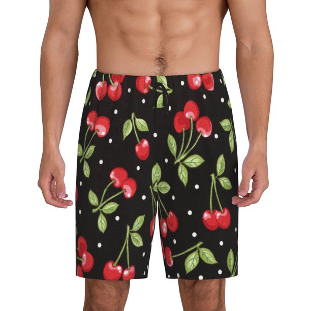 Balery Sweet Red Cherry Pantalones cortos de pijama de punto de algodón para hombre con cinturilla y bolsillos-Medium