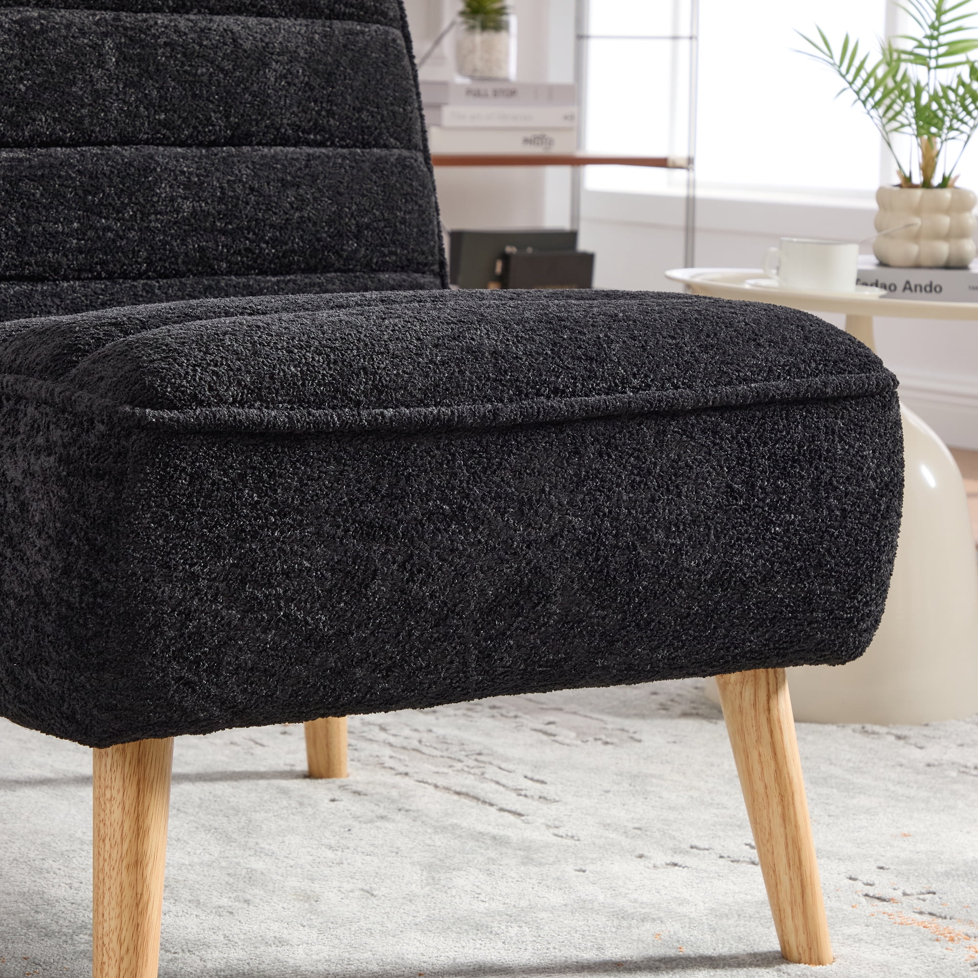Armless Accent Chair, Upholstered Chair, Chenille Accent Chair with Rubber Wood Legs, Black for Living Room, Bedroom, Office