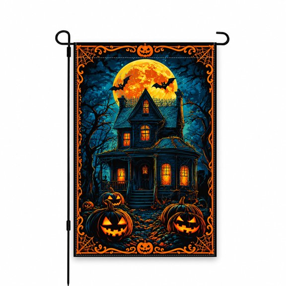 Halloween Garden Flag 12x18 Inch - Haunted House with Jack-O'-Lanterns & Full Moon Artwork - Spooky Outdoor Yard, Lawn, Patio, or Porch Decor