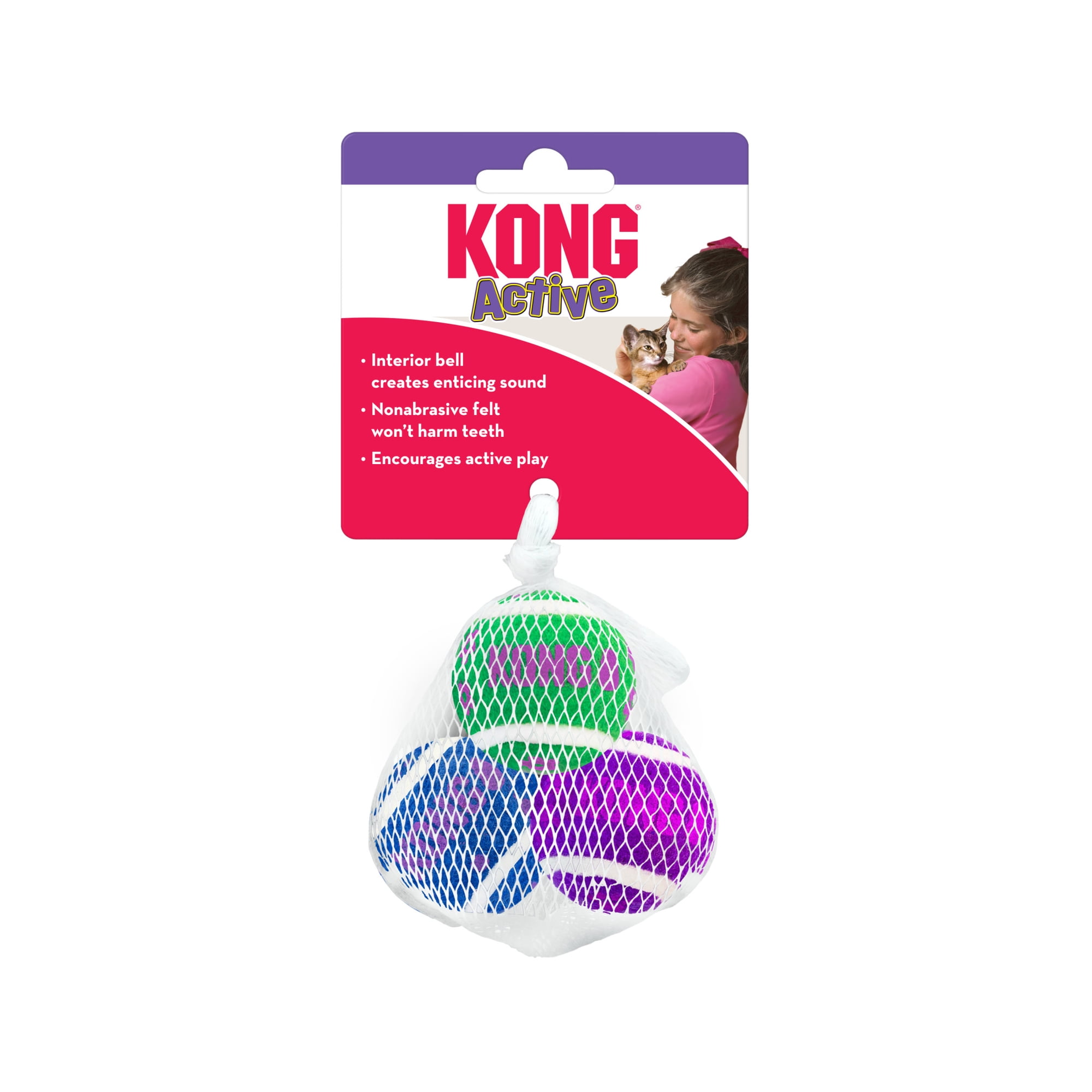 KONG Active Tennis Balls Nonabrasive Felt Cat Toy with Bells, Multi-Color (3-Piece)