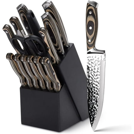 

Knife Set 15 Pieces Kitchen Knife Set with Wooden Block High Carbon Japanese Stainless Steel Knife Block Set Ultra Sharp Full-Tang Design Irregular Hammer Pattern