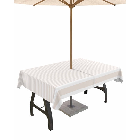 nqOlkjepod Farmhouse Beige White Striped Outdoor Tablecloth with Umbrella Hole & Zipper, Modern Stripes Rectangle Table Cover 54x80 Inch, Dining Waterproof Table Cloth Protector for Patio/Party