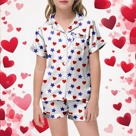 ZHOGXU Big Kids Girls Pajama Sets Short Sleeve Lapel Cute Star And Heart Print Top And Shorts Satin Sleepwear Comfortable Two Piece Outfits For Daily Wear White 8-9 Years