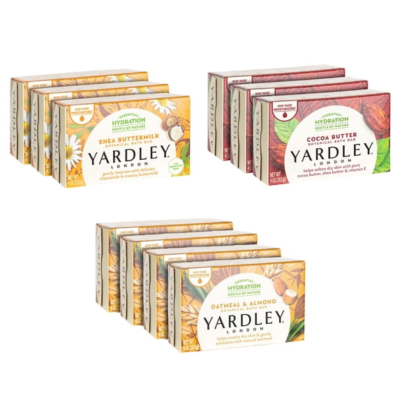 Yardley London Bath Soap Bars Bundle, 10 Pack - (4) Oatmeal & Almond, (3) Cocoa Butter, (3) Shea Butter, 4 Oz (Each)