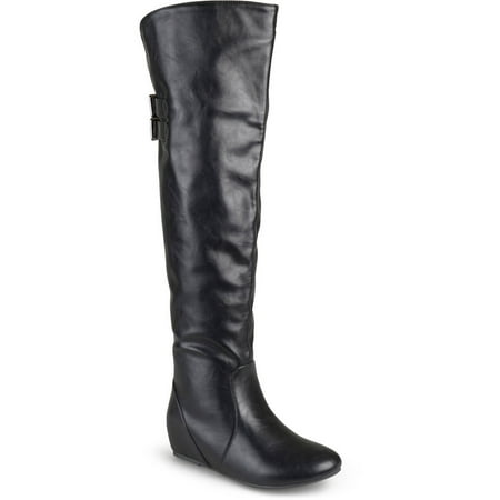 Leather Crepe Boots - Women's Wide Calf Buckle Detail Faux Leather Boots