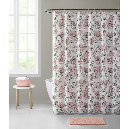 Mainstays Delilah PEVA Shower Curtain Bath Basket, 15 Pieces, Pink