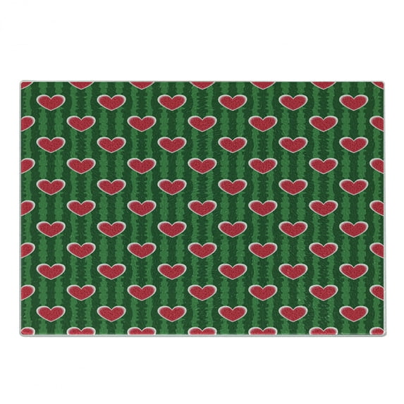 Hearts Cutting Board, Love in Watermelon Pattern with Fruit Design, Decorative Tempered Glass Cutting and Serving Board, Small Size, Apple Green Dark Coral, by Ambesonne