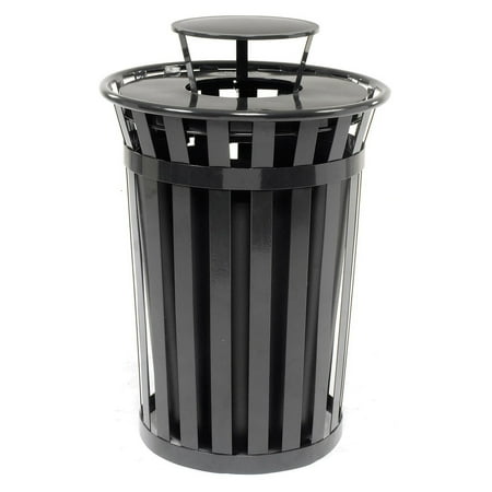 Outdoor Trash Receptacle - 36 Gallon Outdoor Metal Slatted Trash Receptacle with Rain Bonnet Lid, Black, Lot of 1