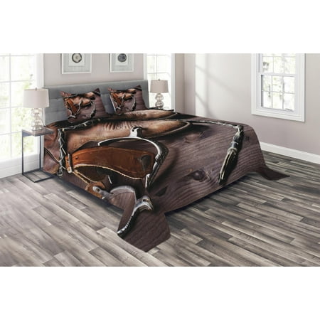 Western Cal King Bedding Western Coverlet Set, Authentic Old Leather Boots and Spurs Rustic Rodeo Equipment USA Style Art Picture Print, Decorative Quilted Bedspread Set with Pillow Shams Included, Brown, by Ambesonne ()