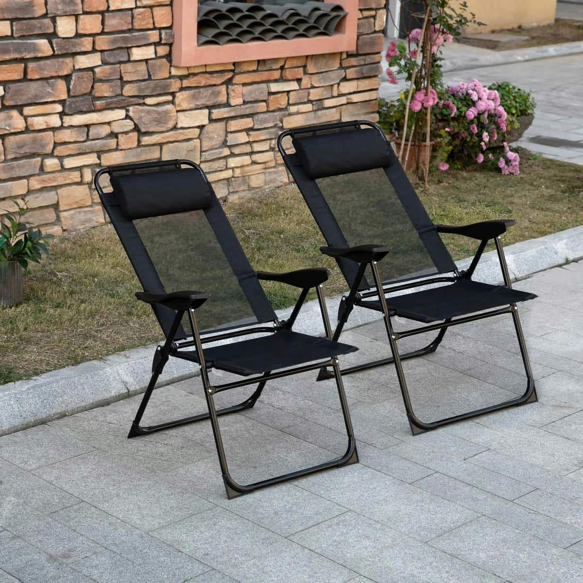 GVN Folding Chairs Patio Chairs Lawn Chair,Folding Patio Dining Chairs Set of 2 with Adjustable Sling Back, Camping Chair with Removable Headrest, Black