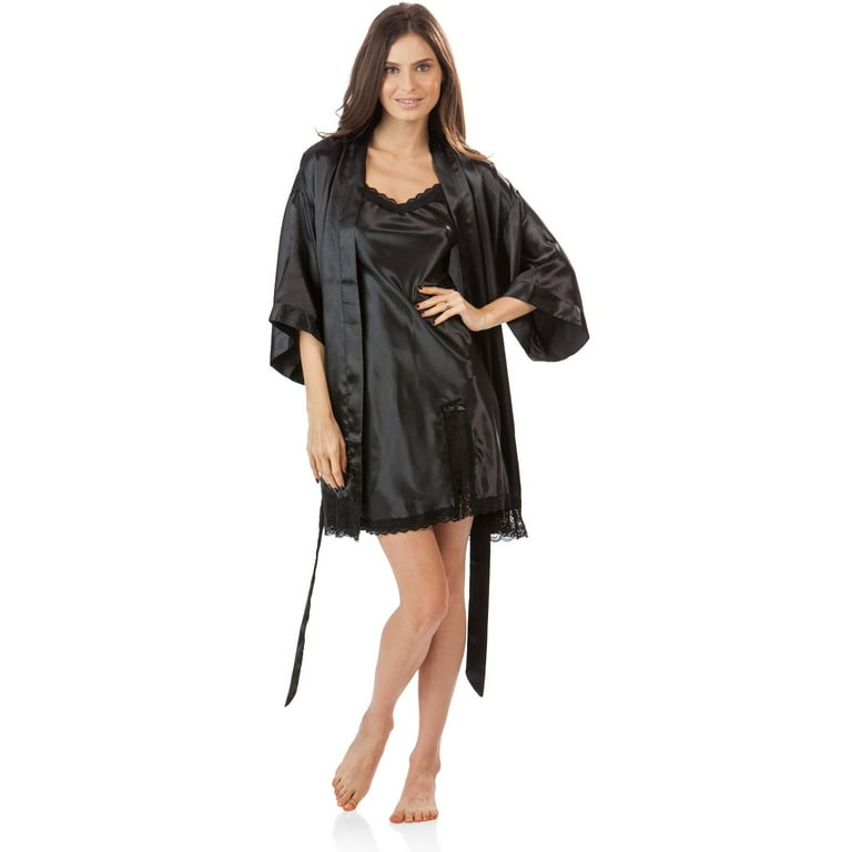 Ashford & Brooks Women's 2 Piece Satin Robe and Nightie Set - Black - Large  