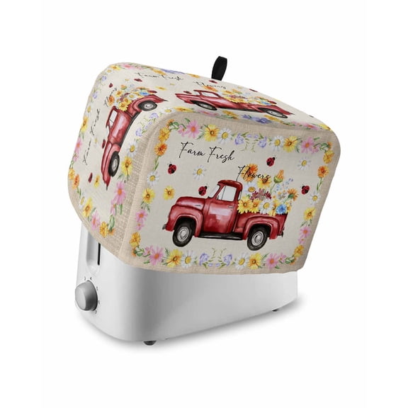 Farmhouse Flowers Small Toaster Cover 2 Slice, Kitchen Appliance Covers, Botanical Floral Ladybirds Truck Toaster Oven Cover with Loop, Bread Machine Cover Polyester Dust Cover Protection