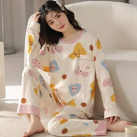 

CoCopeaunt 100% Cotton Women Pajama Set Spring Summer Sleepwear Long Cute Pijamas Girls Homewear Long Cartoon printing Home Clothes Pyjama
