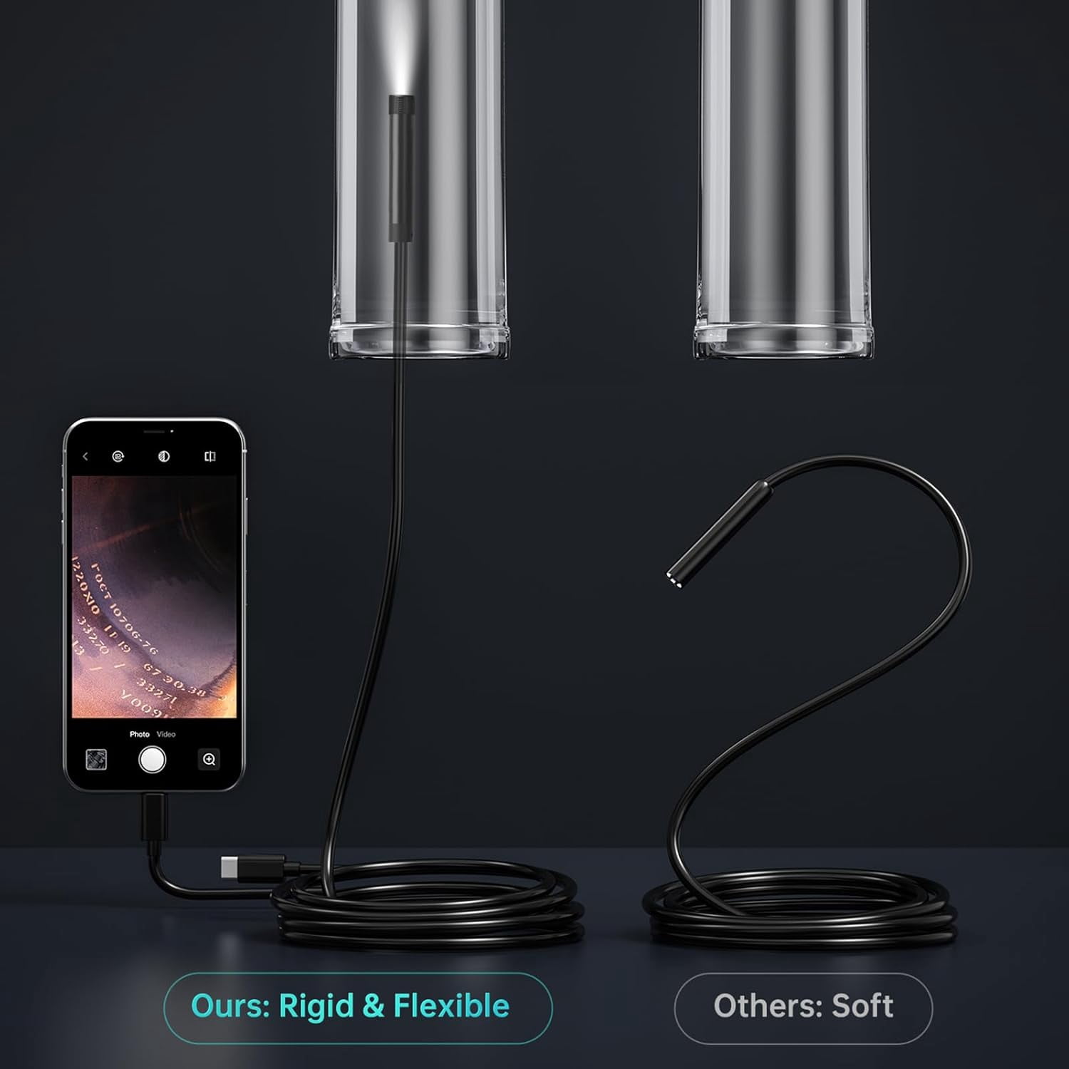Endoscope Camera with Light, 1920P HD Borescope Inspection Camera, 16.4Ft Semi-Rigid Cord Scope Camera with 6 LED Lights, IP67 Waterproof Snake Camera for iPhone, Ipad, Android and Windows