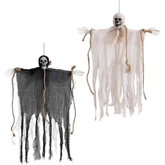 2 Pack Halloween Hanging Ghost Decorations, White & Black Skeleton Ghost Ornaments with Tattered Cloth, Creepy Haunted House Props for Front Door, Tree, Yard, Indoor Outdoor Halloween Party Decor