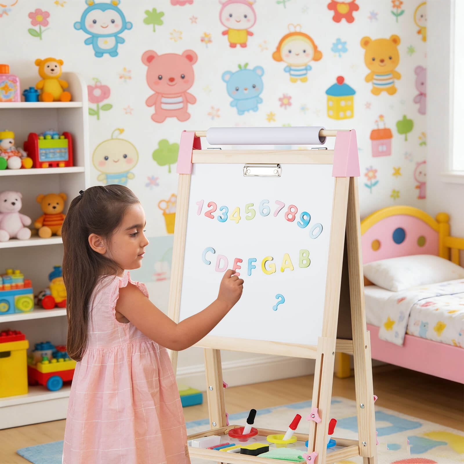Costway 3-in-1 Kids Art Easel Double-Sided Wooden Adjustable Magnetic Drawing Board Pink