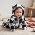 thumbnail image 4 of Newborn Boys Girls Plaid One Piece Romper Cute Bear Ear Footies Hooded Jumpsuit Plush Fleece Front Zipper Onesie Winter Long Sleeve Jumper for Baby, 4 of 7