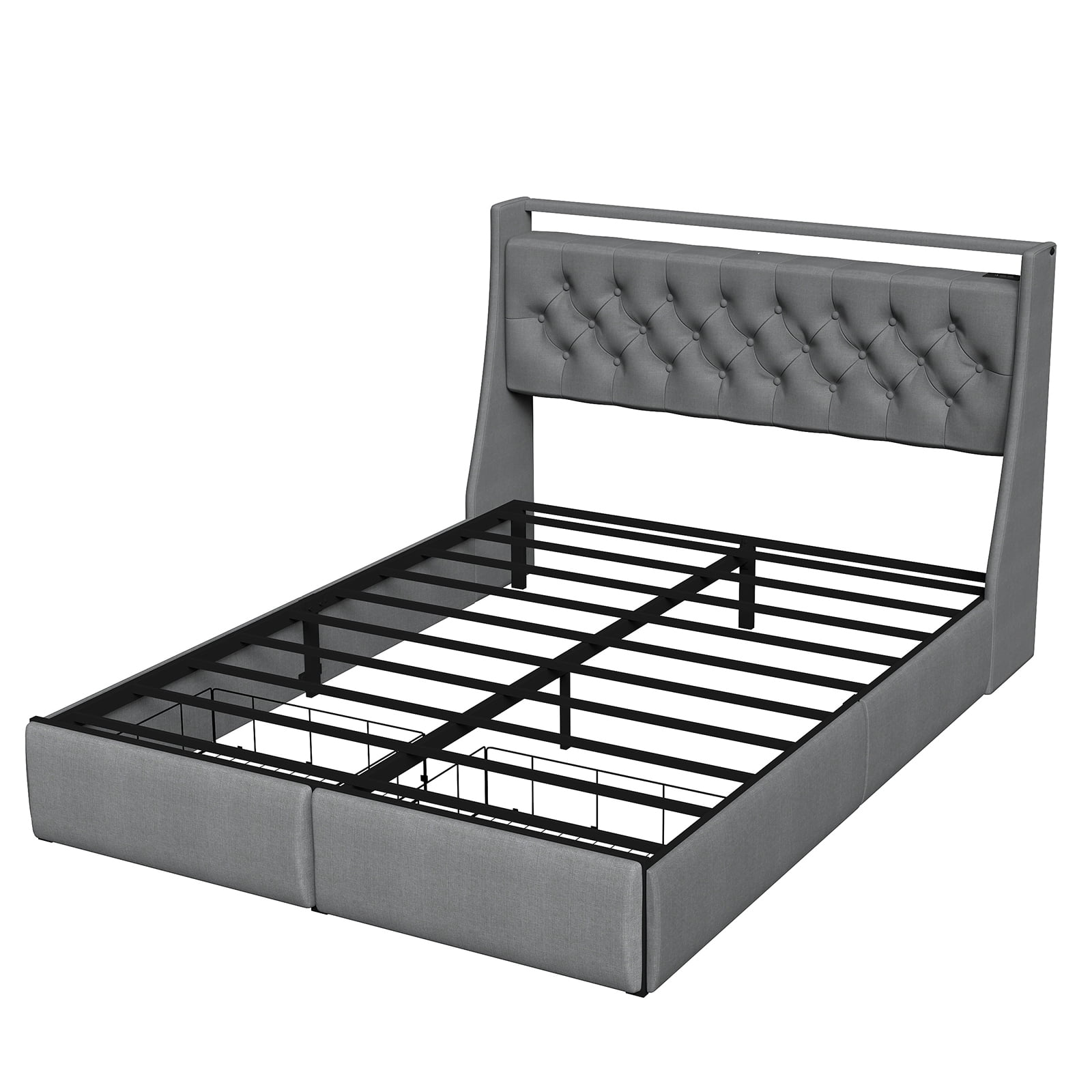 Mintazer Full Size Tufted Upholstered Storage Bed Frame with LED Light & Charging Station, Platform Bed Frame with 2 Foot Drawers, No Box Spring Required, Grey