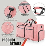 Travel Duffle Bag for Men Women, 65L Foldable Travel Duffel Bag with Shoes Compartment, 24 Extra Large Overnight Bag, Waterproof & Tear Resistant Weekender Bags (Pink)