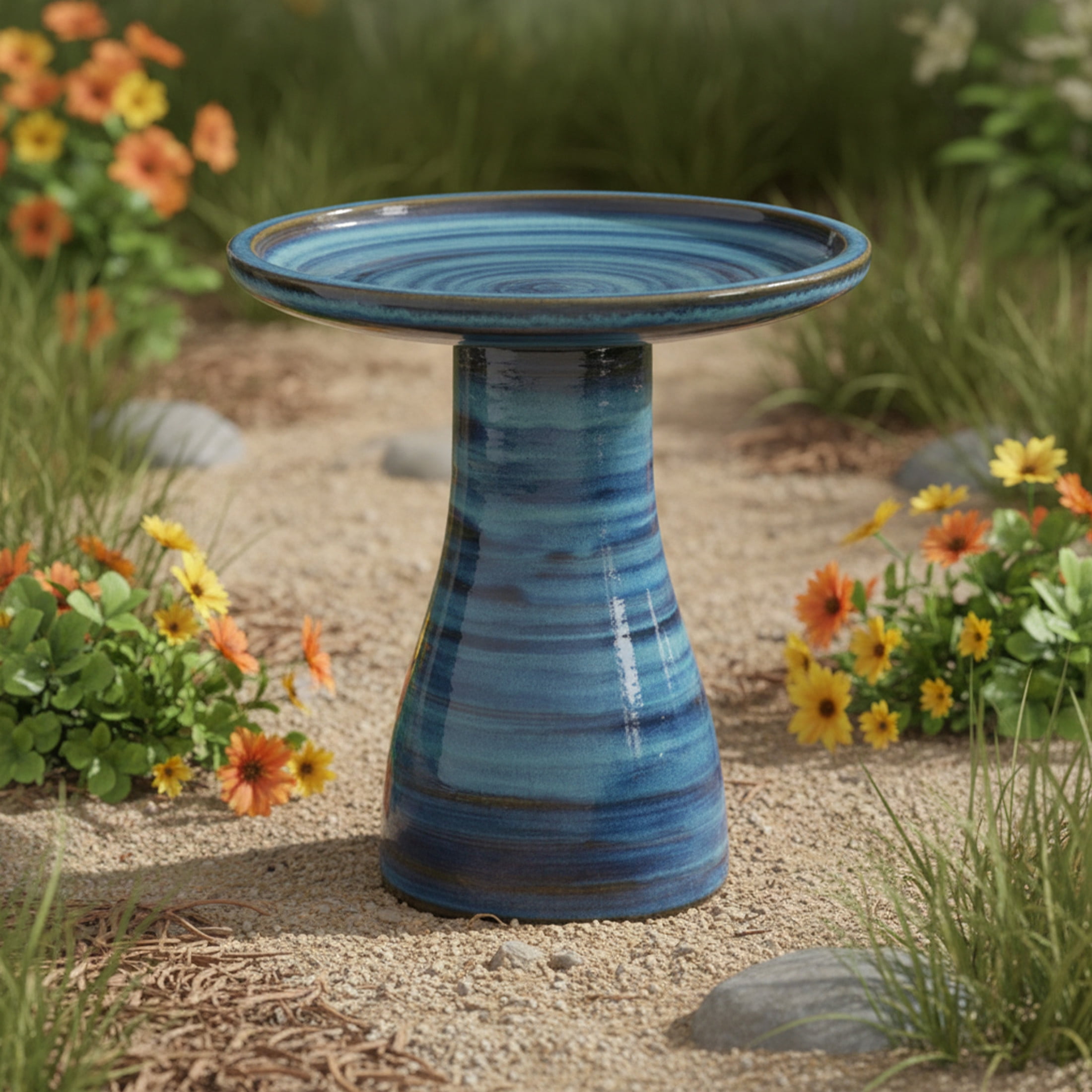 Sunnydaze Freestanding Ceramic Outdoor Bird Bath, Glazed, UV-Resistant Galaxy Blue Finish