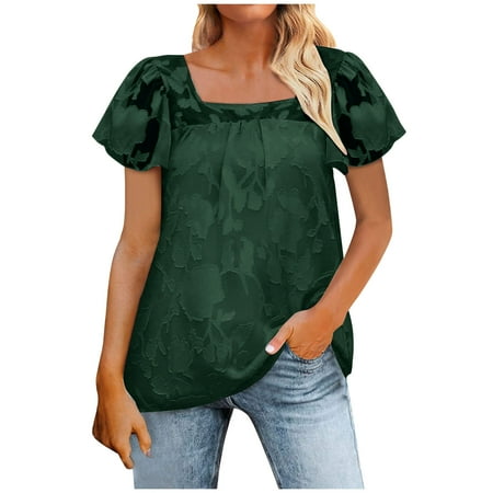 RYRJJ Womens Square Neck Babydoll Tops Ruffle Short Sleeve Lace Blouse Summer Fashion Floral Textured Dressy Casual Shirts(Green M)