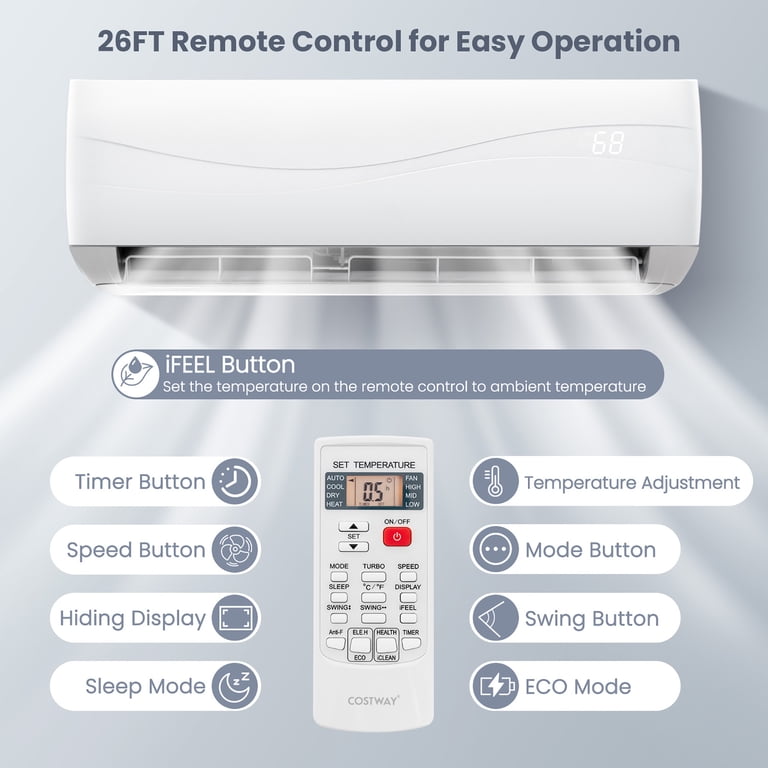 Costway 12000 BTU Mini Split Air Conditioner u0026 Heater Ductless 17 SEER2 750  Sq. Ft - Walmart.com