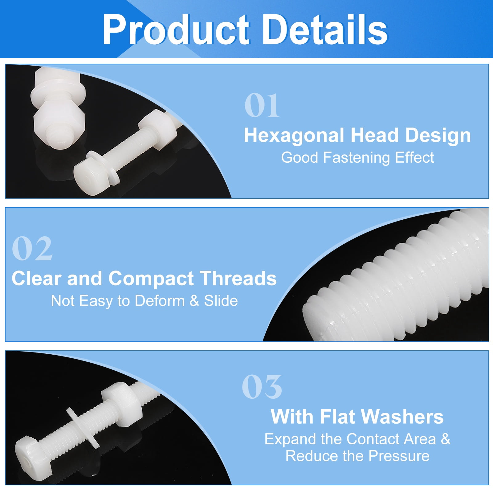 Uxcell 300 Pack/100 Sets Nylon Hex Bolts, M8 x 20mm Plastic Full Threaded Hex Head Screws Bolts and Nuts with Flat Washers for Machinery Electronics Industrial Accessories, White