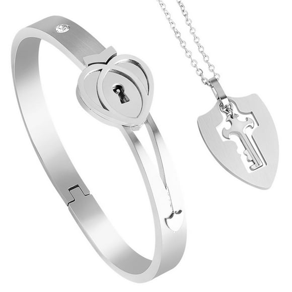 Bracelet Necklace Set 1 Set Decorative Shining Popular Geometric Women Men Heart Bangle Key Pendant Necklace Set