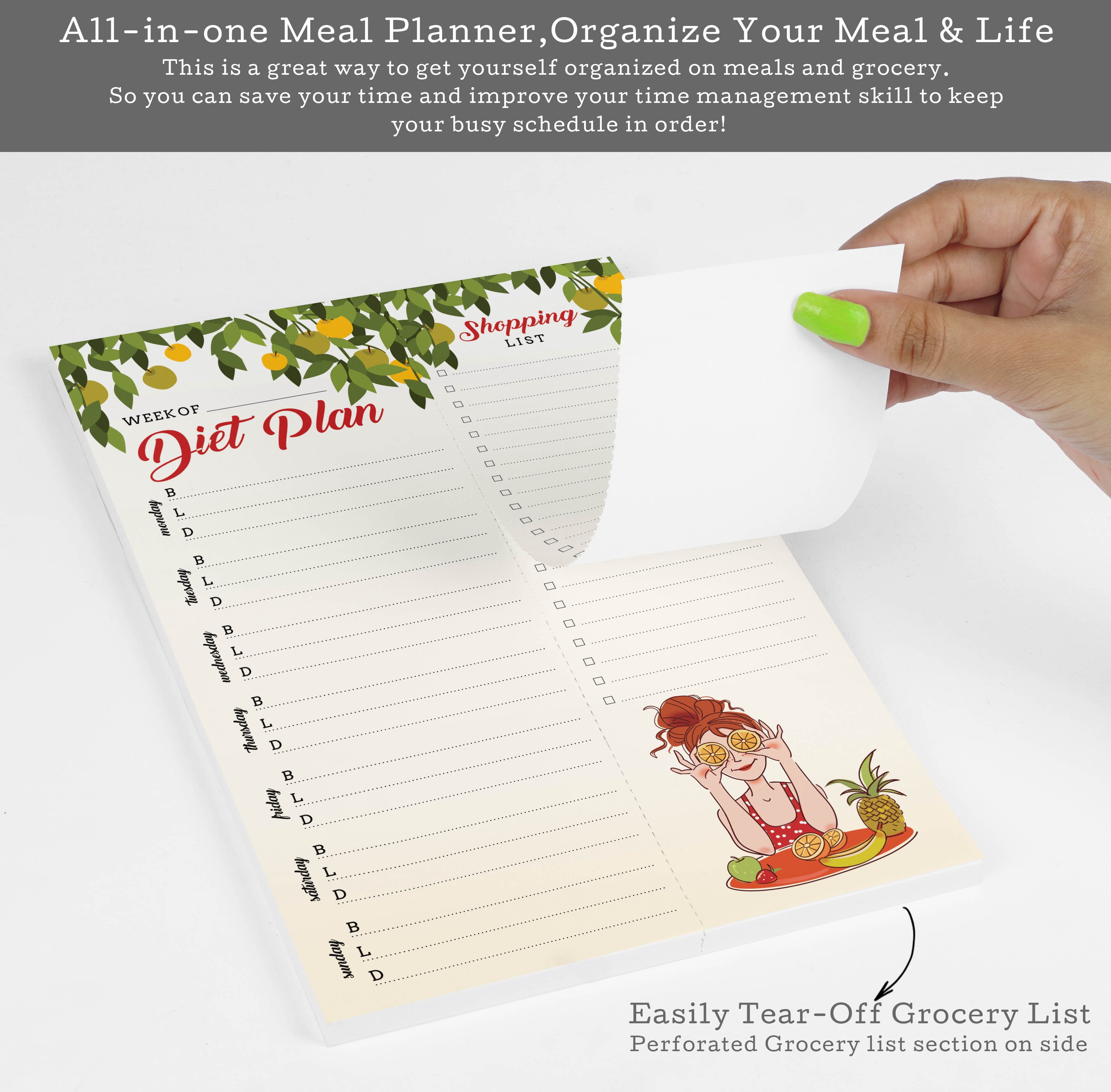Inkdotpot Weekly Meal Planner Notepad 7"x10 , "Diet Plan" Magnetic Meal Planning Pad with Tear Off Grocery Shopping List for Fridge- Kitchen & Home - 54 Sheets -S9
