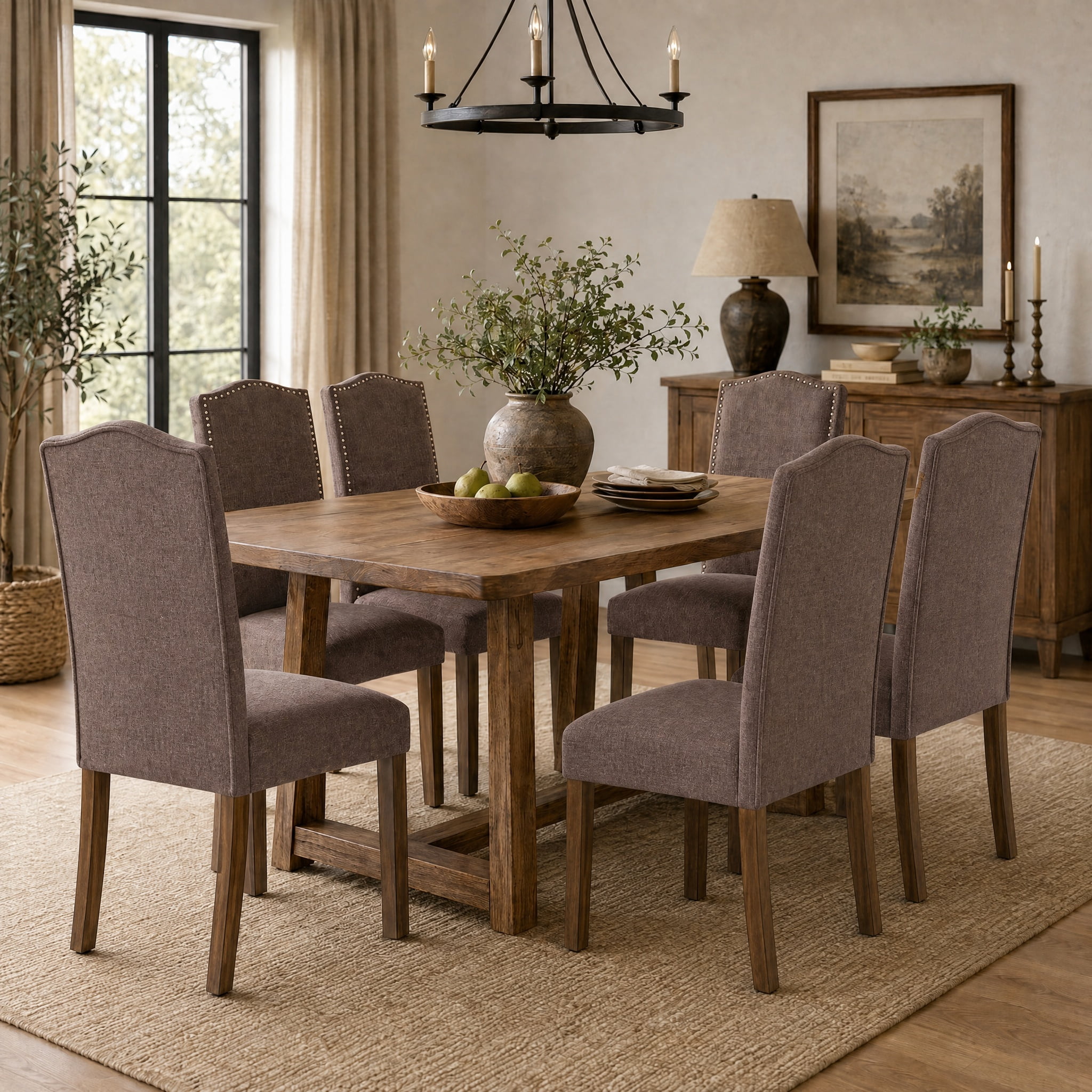 Dining Chairs Brown Modern Upholstered Fabric Dining Chairs with Nailhead Trim, Set of 6