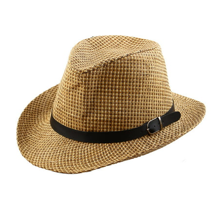 Men Straw Braided Faux Leather Band Decor Western Style Sunhat Cowboy Hat