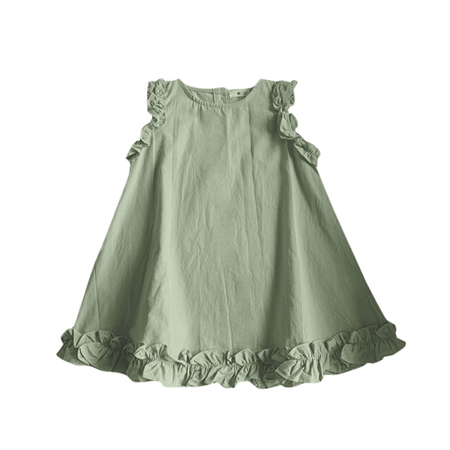 Yanlir Robe Princesse pour Enfants Filles Ample à Manches à Volants d'Été Couleur Unie à Col Rond Robe Sans Manches pour un Port Confortable et Décontracté 2-8 Ans (Vert, 2-3 Ans)