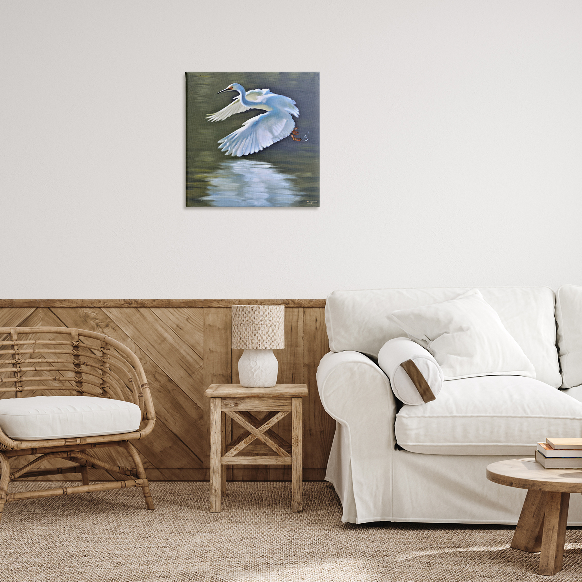 Stupell Industries Egret Flying Lake Surface Animals & Insects Painting Gallery Wrapped Canvas Art Print Wall Art, 24 x 24