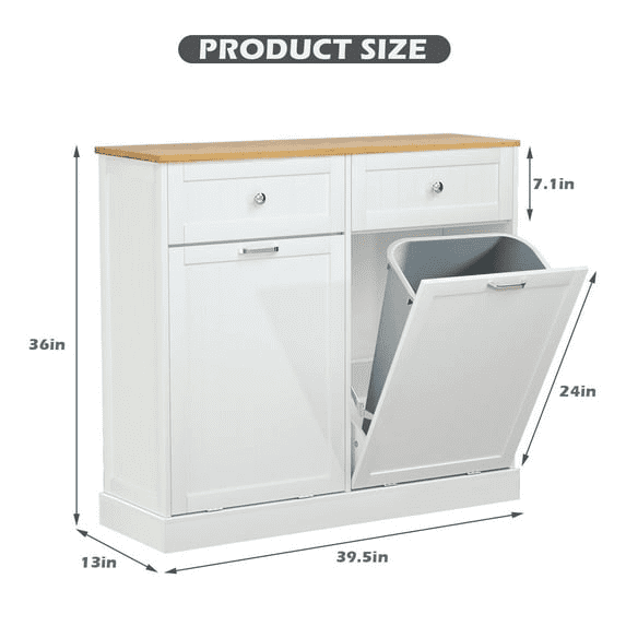 Reliancer 20 Gallon Tilt-Out Trash Can Cabinet with Hideaway Drawer, Double Kitchen Trash Cabinet, Wooden Free Standing Garbage Recycling Cabinet, Laundry Hamper Cabinet, Storage Drawer Units