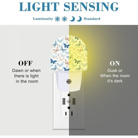 PYYNA-Plug in Night Lights Vintage Blue and Brown Butterflies Nightlight Plug Into Wall Dusk to Dawn Sensor LED Night Light for Kid Girls Boys Room Decor Hallway Kitchen Bathroom Nursery Stairs