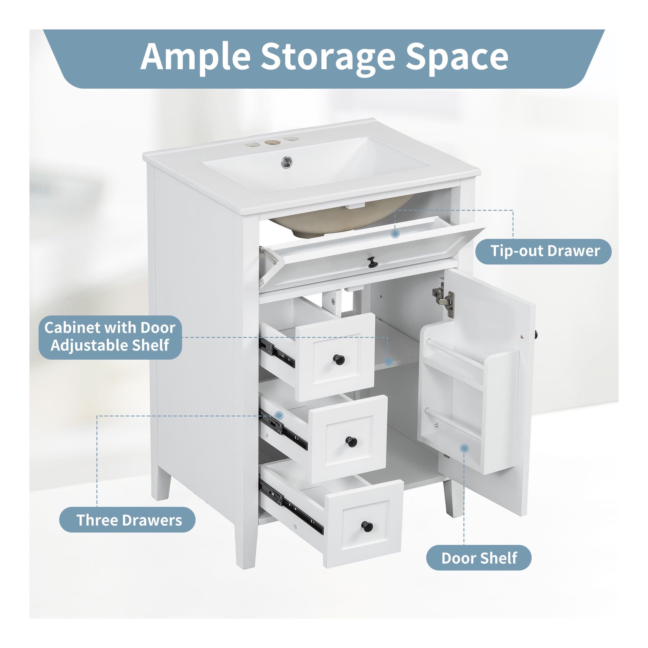 GDF Studio 24" Bathroom Vanity with Sink, 3 Drawers, Storage Cabinet, Adjustable Shelves, Modern Design, White