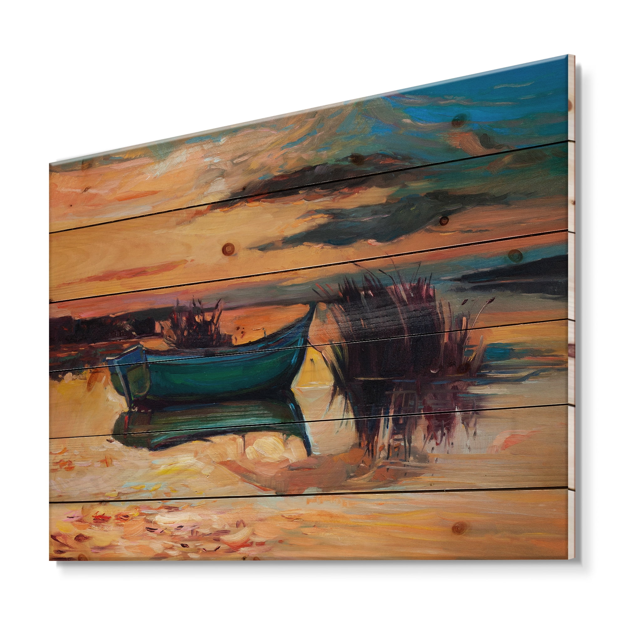Designart 'Boat At The Lake During Evening Glow I' Nautical & Coastal Print on Natural Pine Wood