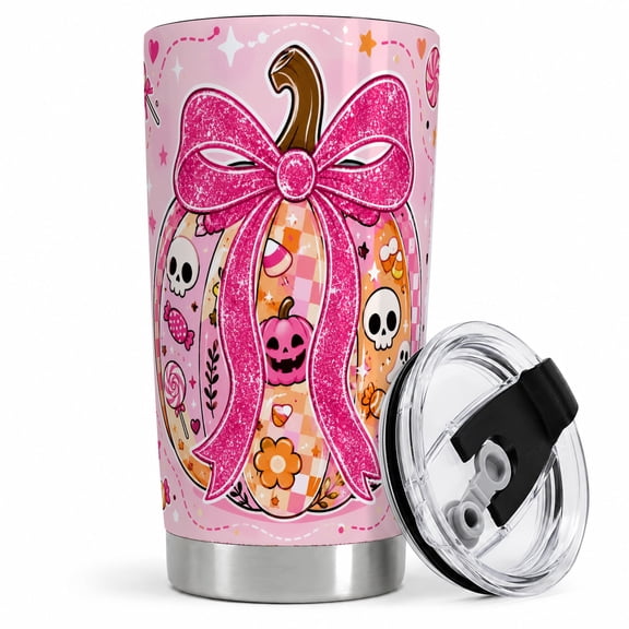 Pink Halloween Pumpkin 20oz Tumbler with Candy Artwork Drinkware featuring a pink-orange pumpkin with oversized bow, skulls, ghosts, candy, and playful accents