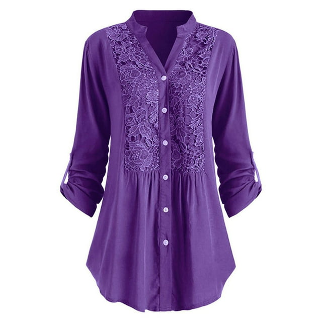 Daeful Chemises pour Femmes Blouse Boutonnée Travail Manches Longues Hauts Amples Violet 5TG