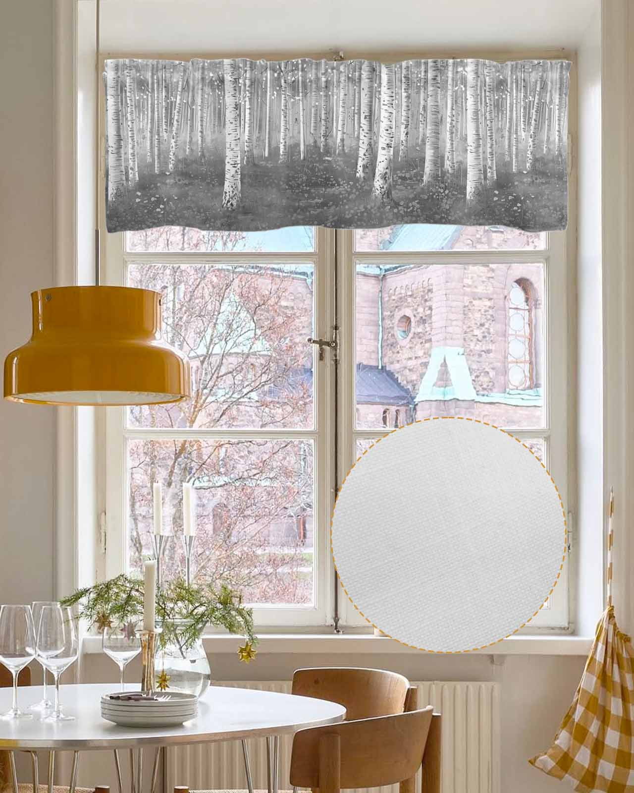 Grey Forest Tree Linen Curtain Valance for Bedroom/Bathroom/Kitchen/Living/Dining Room Window,Farmhouse Country Nature Scenic Painting Pocket Topper Drapes Decorative Cafe Drapery Panel 60"x18"