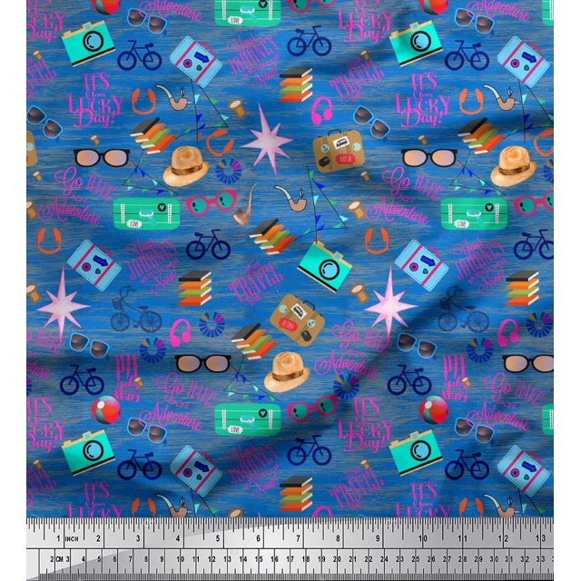 Soimoi Moss Georgette Fabric Camera,Hat & Briefcase Travel Fabric Prints by Yard 42 Inch Wide