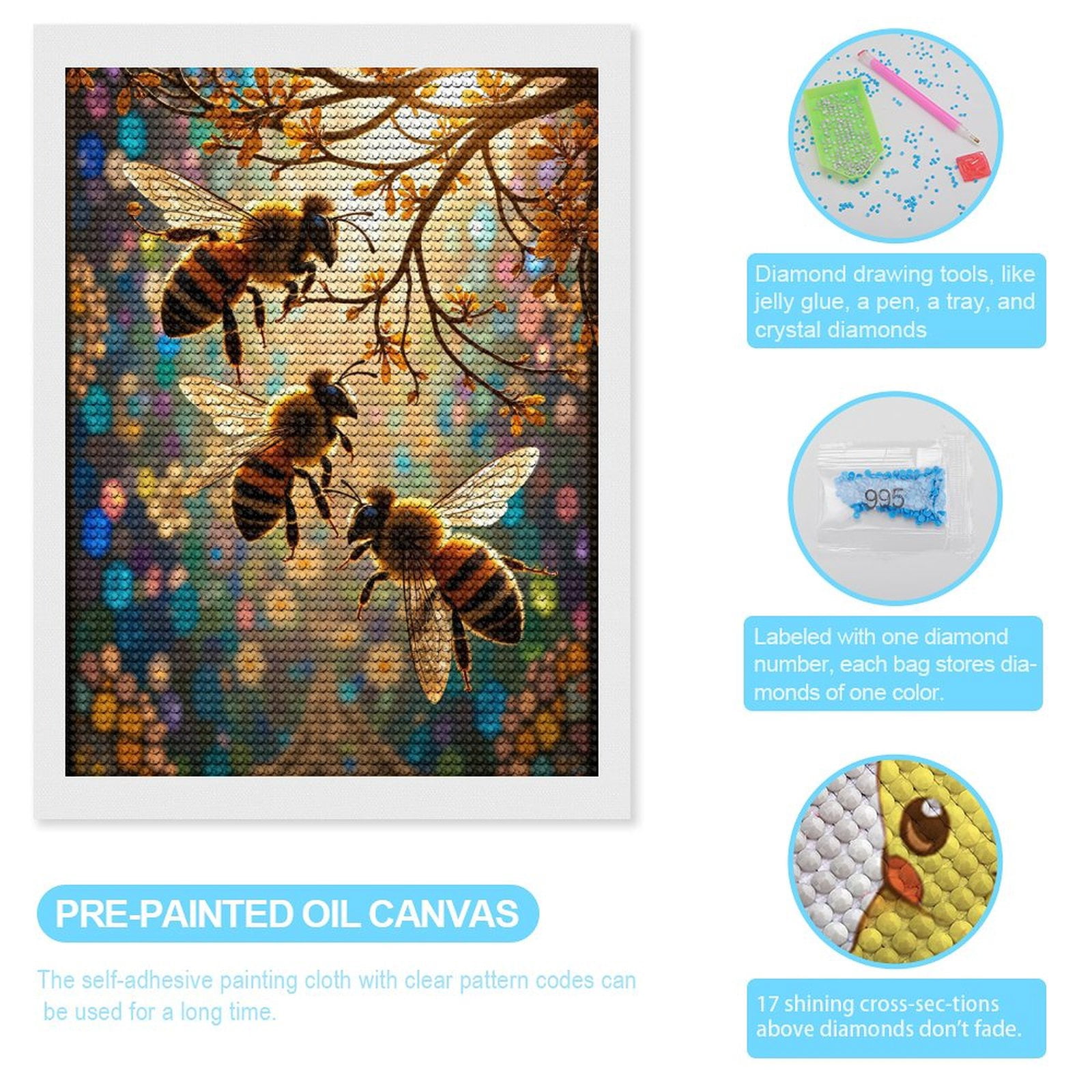 Diamond Art Kits for Adults, Bees On Blossoms Colorful Scene 5D Diamond Painting Kits for Adults Beginners, DIY Full Drill Diamond Painting, Gem Art and Crafts 12x16