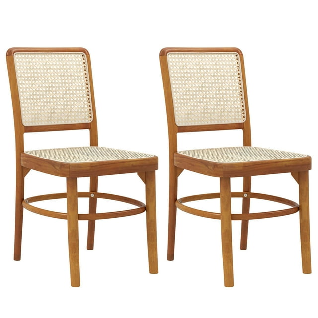 Costway Set of 2 Boho Dining Chairs with Teak Wood Structure & Footrests for Indoor Use