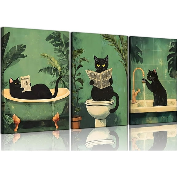 Funny Black Cat Bathroom Canvas Wall Art Vintage Cat Wash its paws Reading Newspaper Posters Prints Modern Green bathroom Decor pictures Painting for Bathroom Toilet Artwork Decorations