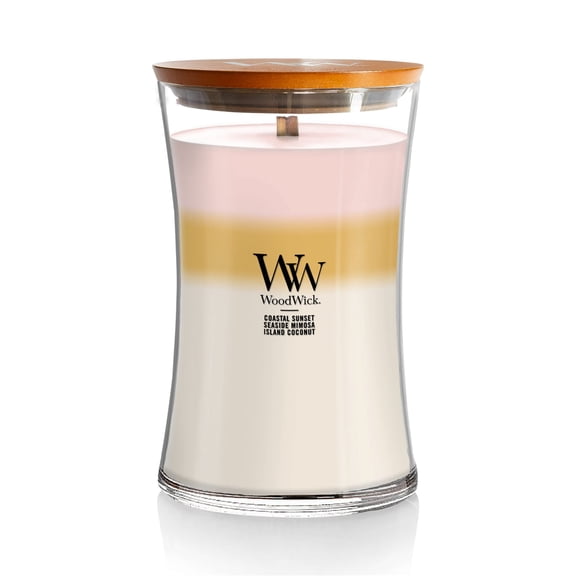 WoodWick Large Island Getaway Trilogy Hourglass Scented Candle, Crackles as it Burns, Coastal Sunset | Seaside Mimosa | Island Coconut, 21.5 oz.