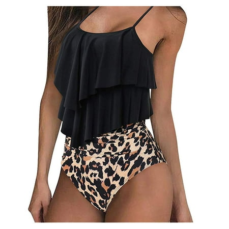 High Waisted Bikini Sets Shorts and Crop Top Set for Teens Women Ruffle Bathin Straps Swimsuits High Spaghetti Waisted 2 Piece Swimwears Tankinis Set 1 Piece Swimsuits for Women Halter