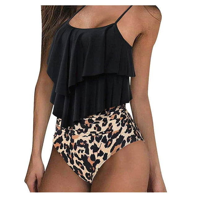 Kcodviy Maillots de Bain Taille Haute à Volants pour Femmes Maillots de Bain Grande Taille 2 Pcs Robe de Bain à Bretelles Courtes Tankini