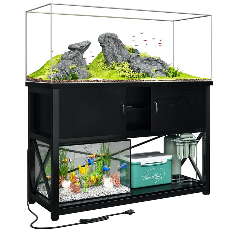 TC-HOMENY 55-75 Gallon Aquarium/Fish Tank Stand 2 Layers with Cabinet and Charging Station/Power Outlets, Black, Size: 55-75 GL